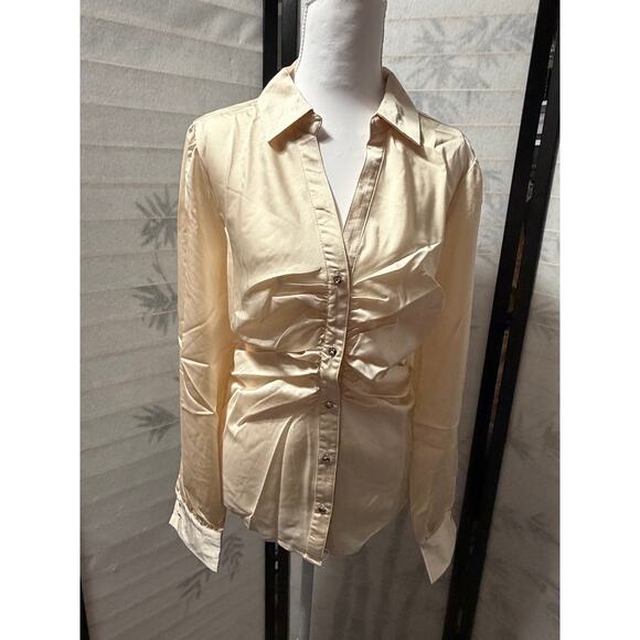Miss Selfie Tops - Miss Selfie Cream Ruched Satin Blouse X-Large (XL) Button-Front Long Sleeve NWT